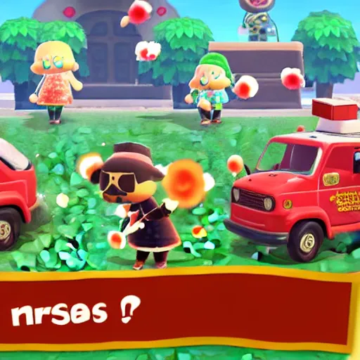 Prompt: screenshot of carpet bombing in animal crossing, explosions, fire, chaos, rubble