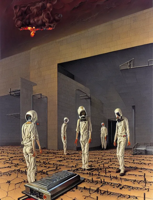 Prompt: crematorium on desert planet, elevator, side ramp entrance ambulance smoke dead bodies, guards intricate, painting by lucian freud and mark brooks, bruce pennington, dark colors, neon, death, guards, nice style culture