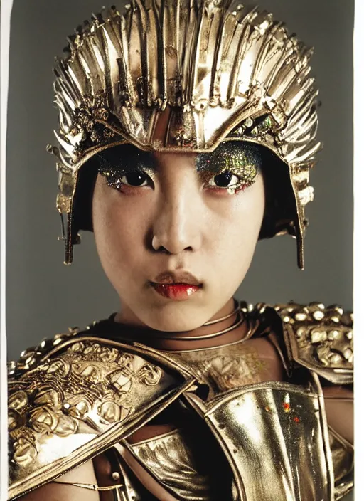 Prompt: close - up portrait of beautiful young woman dressed gladiator with metallic armor, art by nobuyoshi araki