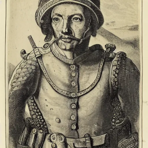 Image similar to A colonial soldier with an octopus head, engraving, ink, black and white, 17th century