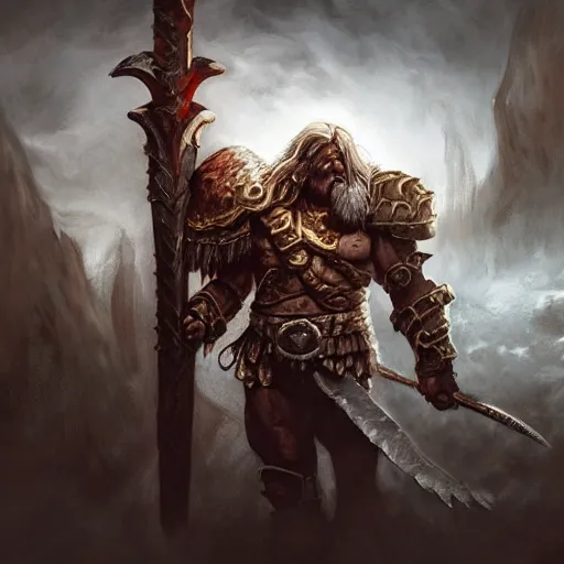 Prompt: a barbarian from diablo in heavy armor, artstation hall of fame gallery, editors choice, # 1 digital painting of all time, most beautiful image ever created, emotionally evocative, greatest art ever made, lifetime achievement magnum opus masterpiece, the most amazing breathtaking image with the deepest message ever painted, a thing of beauty beyond imagination or words