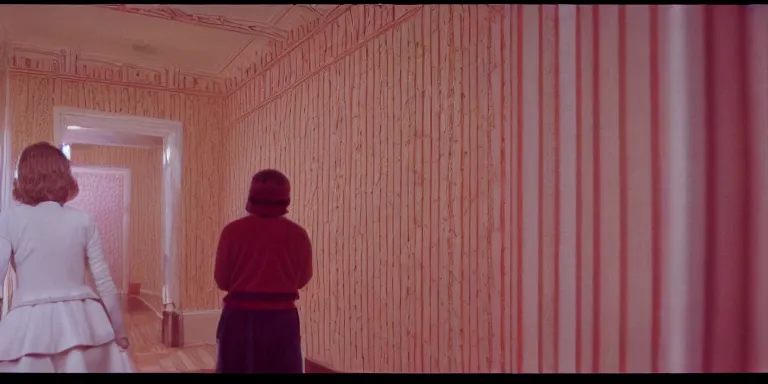 Image similar to photorealistic ultra wide cinematography of danny and wendy torrance from stanley kubrick's 1 9 8 0 film the shining, walking inside and navigating through the hedge labyrinth outside overlook hotel shot on 3 5 mm eastman 5 2 4 7 film by the shining cinematographer john alcott shot on a wide kinoptik tegea 9. 8 mm lens. with golden ratio composition