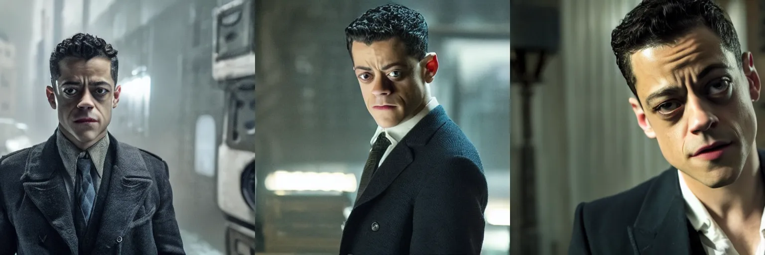 Prompt: close-up of Rami Malek as a detective in a movie directed by Christopher Nolan, movie still frame, promotional image, imax 70 mm footage