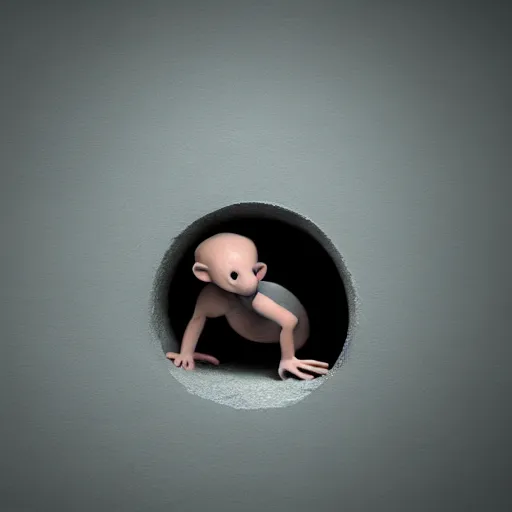 Image similar to a little homunculus man slipping his way into a little rat hole, vfx, hyper realistic