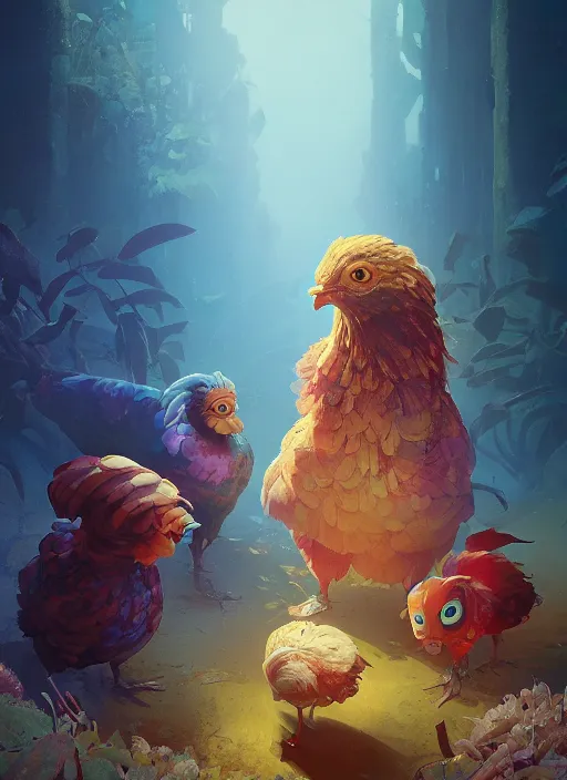 Prompt: a hen and her two children in a colorful movie by nuri iyem, james gurney, james jean, greg rutkowski, anato finnstark. pixar. hyper detailed, 5 0 mm, award winning photography, perfect faces