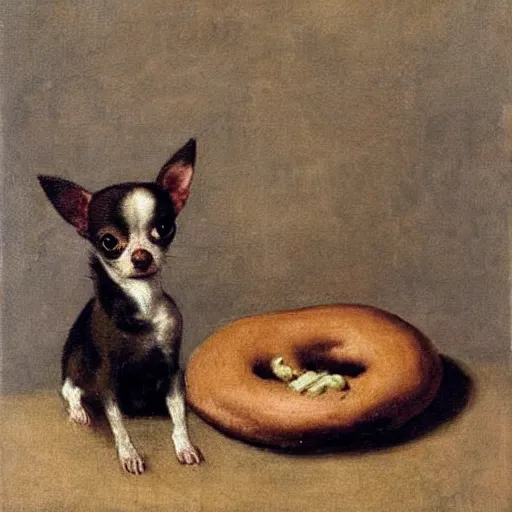 Image similar to chihuahua, by camille corot, eating a bagel