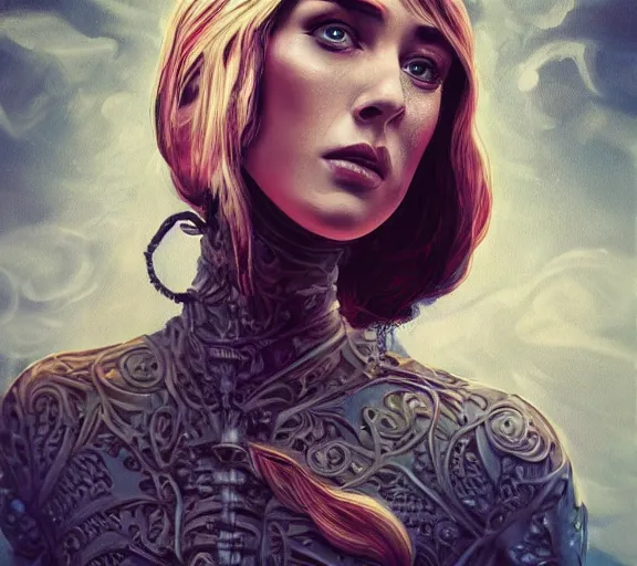 Image similar to damsel in distress, deep focus, intricate, beautiful, highly detailed, digital art, medium shot, bust, tight fit, art by logan cure, elias chatzoudis, trending on deviantart