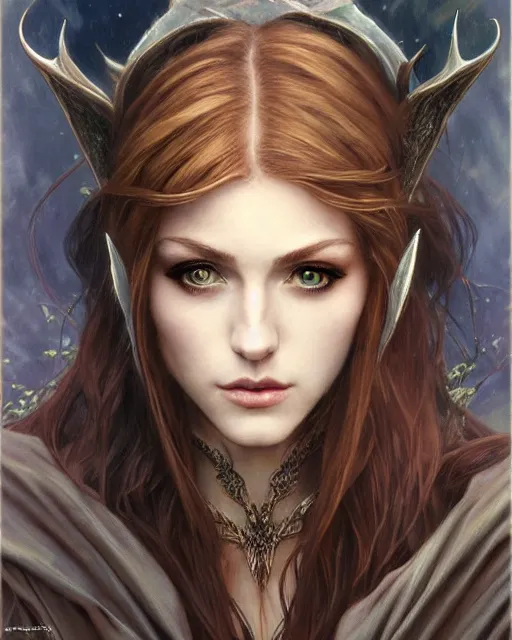 Image similar to portrait of katherine mcnamara elven mage, dark, piercing eyes, gentle expression, elegant clothing, photorealistic, highly detailed, artstation, smooth, sharp focus, art by michael whelan, artgerm, greg rutkowski and alphonse mucha