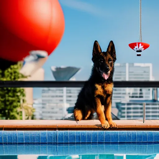 Image similar to a swanky gsd puppy relaxing at the pool on a penthouse rooftop with a futuristic blimp anchor in the background, 8K, 4K, UE5, Octane, RTX, Ray Tracing, Bokeh, happeening