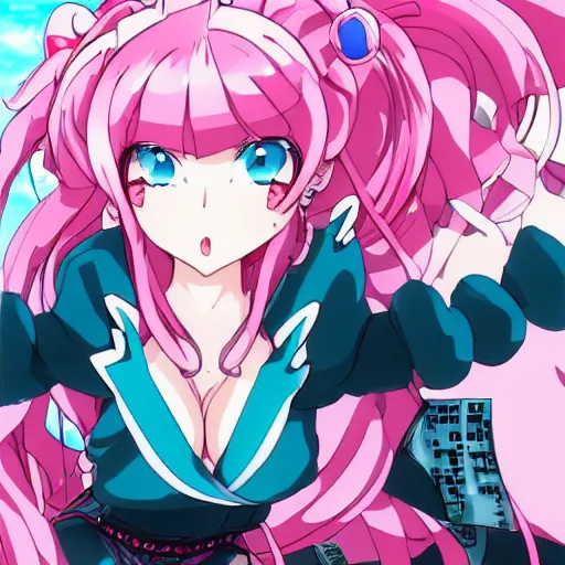 Prompt: stunningly beautiful omnipotent megalomaniacal anime goddess who looks like junko enoshima with symmetrical perfect face and porcelain skin, pink twintail hair and mesmerizing cyan eyes, looking down upon the viewer and taking control while smiling in a mischievous way, mid view from below her feet, hyperdetailed, 2 d anime, 8 k