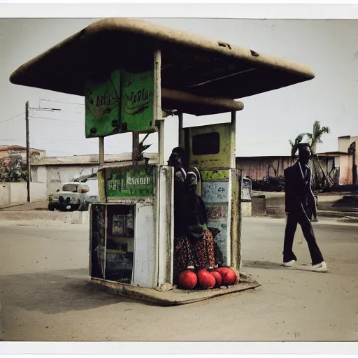 Image similar to old polaroids of futuristic african bus stops with informal sellers and digital screens, women selling fruit