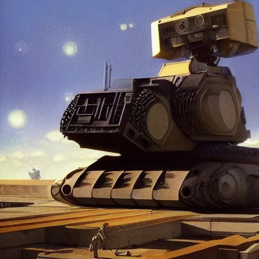 Prompt: a giant tank bot. science fiction. cinematic sci - fi scene. symmetry. accurate anatomy. science fiction theme. brutalism. intricate detail. epic. retrofuturism. surrealism. intimidating. retrofuturism. art by john singer sargent - akira toriyama - keith parkinson - joaquin sorolla - edward hopper - kev walker