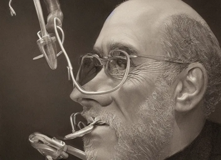 Prompt: a highly detailed silver portrait of a dentist, james gurney, james jean