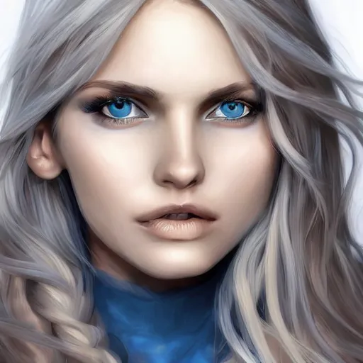 Image similar to portrait, 30 years old women :: fantasy :: blue eyes, long straight blonde hair, beeing happy, smiling :: attractive, symmetric face :: brown medieval cloting, natural materials :: high detail, digital art, RPG, concept art, illustration