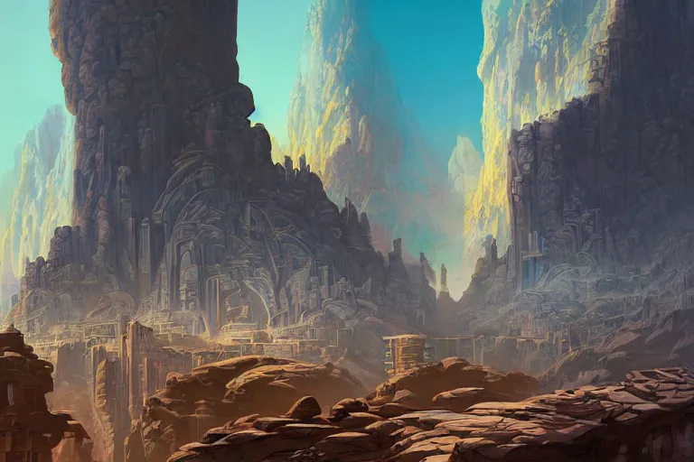 Image similar to a mystical matte painting of an archaic city of ancient persia looming above a canyon by syd mead and peter mohrbacher and james gilleard in the style of hugh ferriss