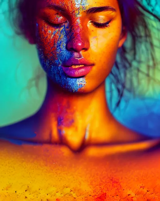 Prompt: photo half body portrait of very beautiful woman, face emerging from pool of colorful oil, light - brown skin, realism, extreme detail, real life, key art, soft light, volumetric light, 3 - d shadows, photo by james jean and wlop, photoshoot