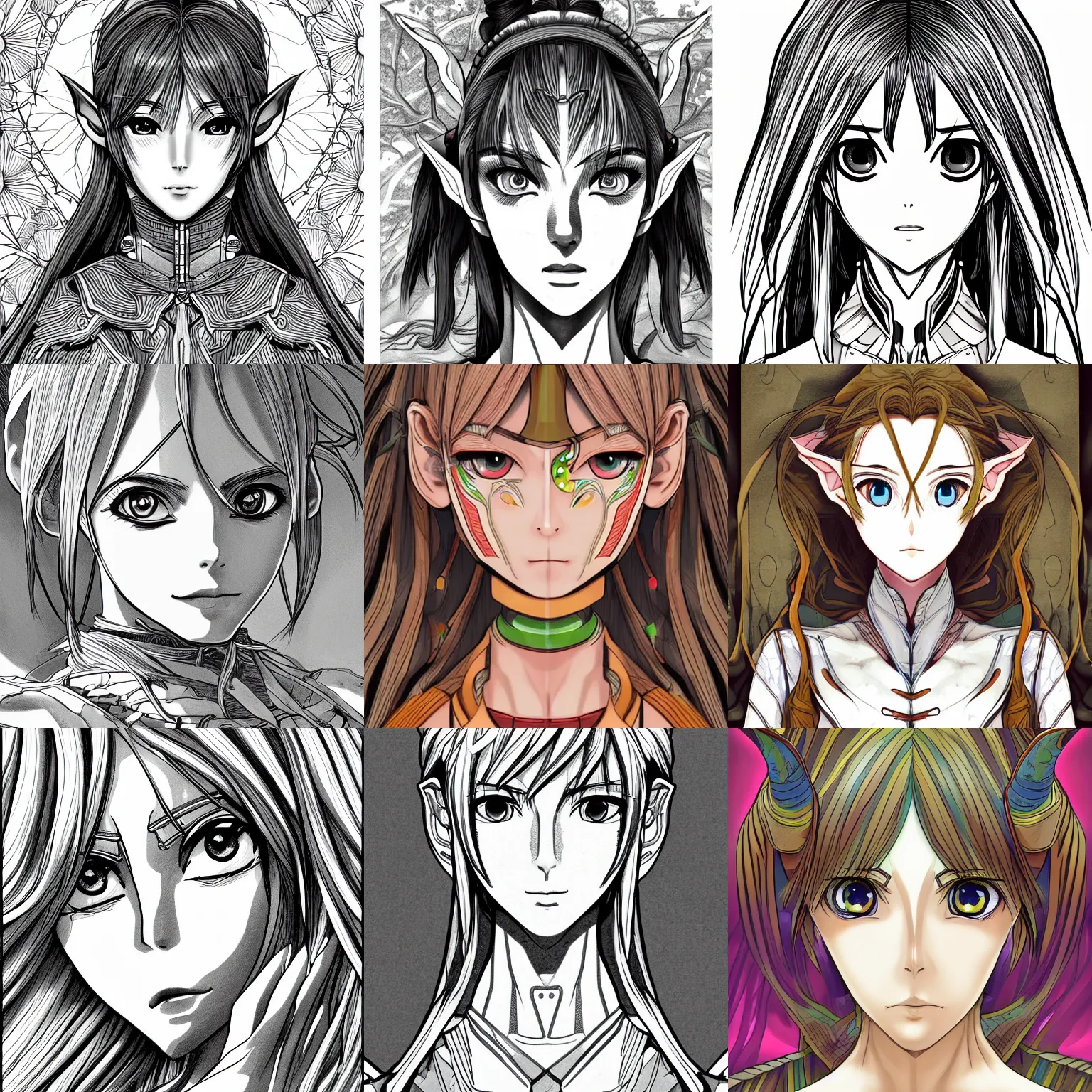 Prompt: alluring highly detailed manga line art portrait of a (female) Wood Elf android, colorful, 2077