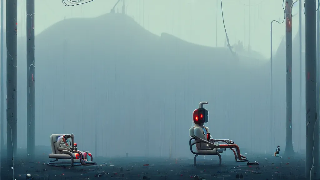 Image similar to a figure sitting on a white throne, wearing an oxygen mask with lots of tubes connecting to it, simon stalenhag, featured on artstation, cinematic, elegant, intricate