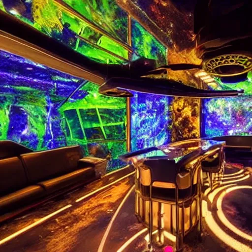 Image similar to space punk nightclub on an asteroid orbiting saturn with an indoor aquarium and bar