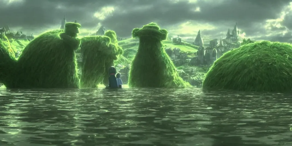 Image similar to a cell - shaded cartoon movie still from howl's moving castle ( 2 0 0 4 ) of a giant green golem in a flooded valley. shafts of sunlight come from above. wide shot, very dull muted colors, hd, 4 k, hq