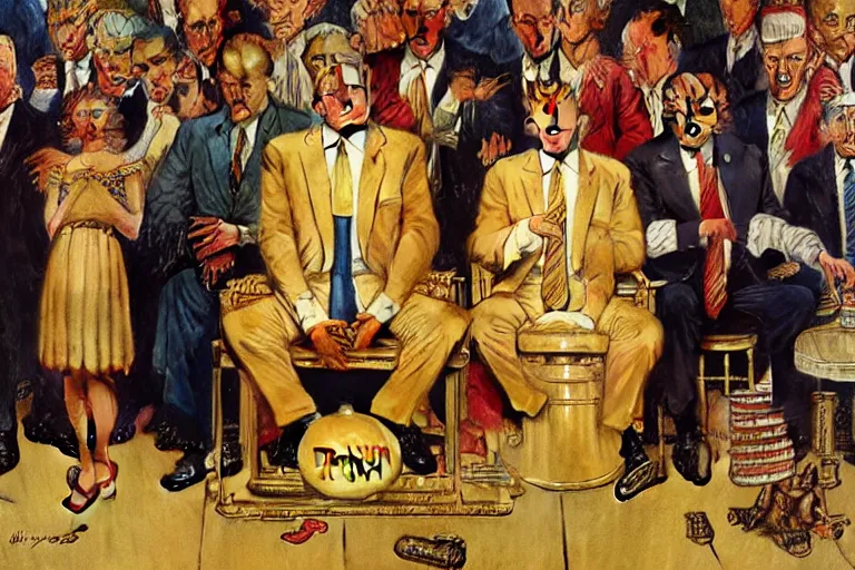 Prompt: Norman Rockwell painting of Donald Trump seated on a golden toilet in a tacky gold bathroom. He is in the center of the image, and he is sobbing and crying.