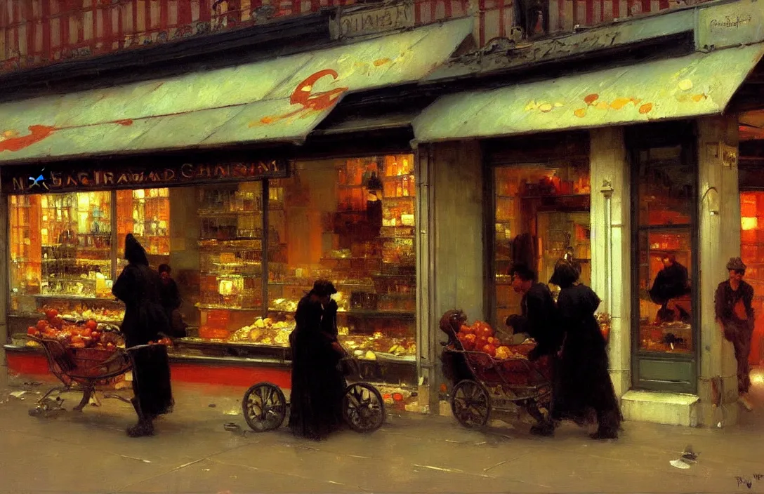 Image similar to a take away food shop front, detailed painting, epic lighting, by ilya repin, phil hale and kent williams