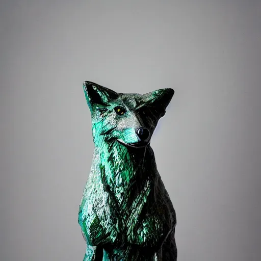 Prompt: Portrait photography of a terrifying Emerald fox sculpture