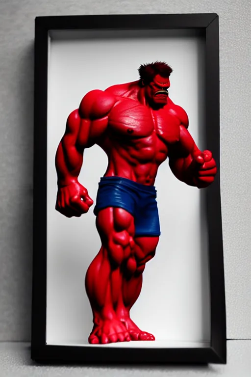 Image similar to 3d print of red hulk, cinematic, photograph