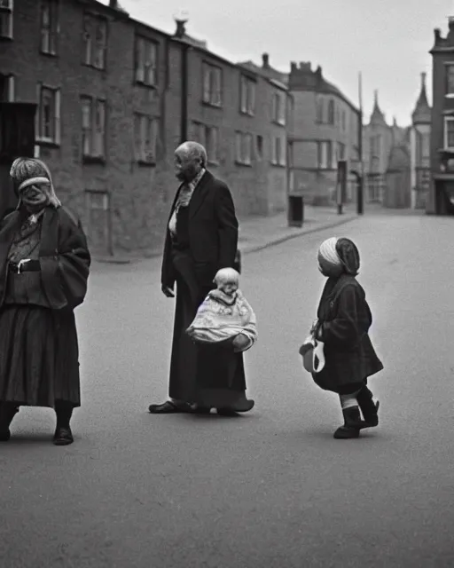 Prompt: Award winning reportage photo of Welsh Natives wearing traditional garb by Garry Winogrand and Dian Arbus, 85mm ND 5, perfect lighting, gelatin silver process