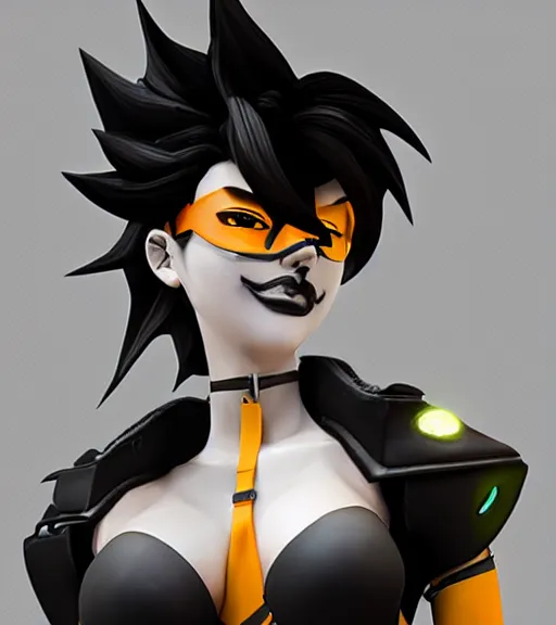 Prompt: tracer from overwatch, wearing black lipstick and black eyeliner, goth outfit, black hair, 4 k, detailed face, smirky expression, detailed face, focus on eyes, blur,