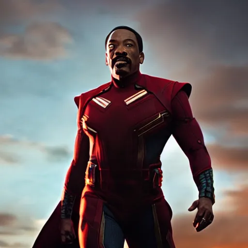 Image similar to a still of eddie murphy as an avenger, marvel superhero, cinematic lighting