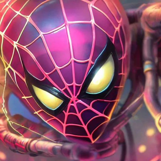 Prompt: spiderman with pink suit and yellow glowing eyes, and alien ears, anime cinema photorealistic beautiful cinematic world of chrono trigger in the style of studio ghibli. hyperdetailed photorealism, 1 0 8 megapixels, amazing depth, glowing rich colors, powerful imagery, psychedelic overtones, 3 d finalrender, 3 d shading, cinematic lighting, artstation concept art