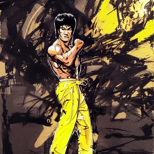 Image similar to Bruce Lee wearing a yellow jumpsuit by Yoji Shinkawa and Ashley Wood