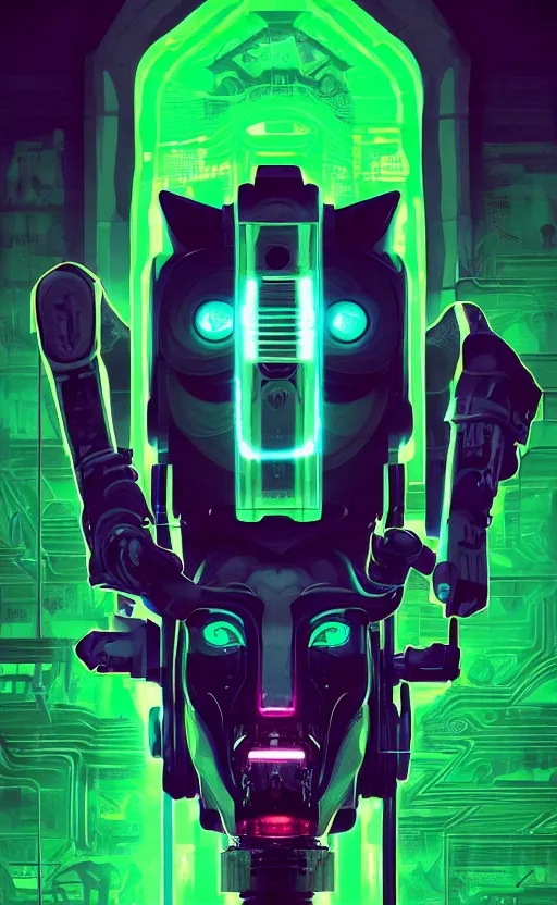 Image similar to poster style, a beautiful and terrifying painting with high details a digital portrait of cyber anubis with robotic jackal head in style of green neon, cyber noir, movie atmosphere, movie lights, 8 k, light effect, rtx on, trending on artstation, by kilian eng, lee madgwick, bastien lecouffe - deharme