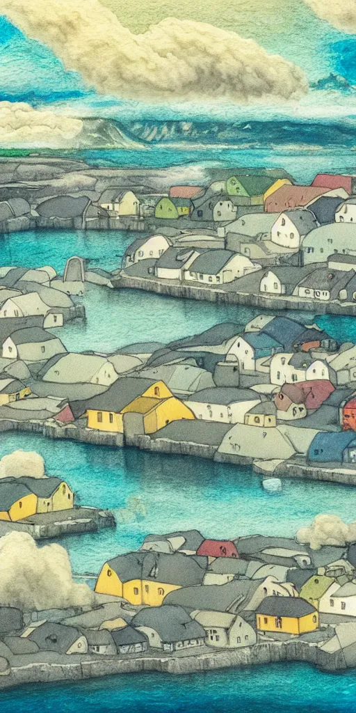 Prompt: a beautiful painting of a icelandic fishing village, storm clouds gathering over the town, by studio ghibli 8 k pastel colours, isometric drone shot smeared watercolours, golden light film grain