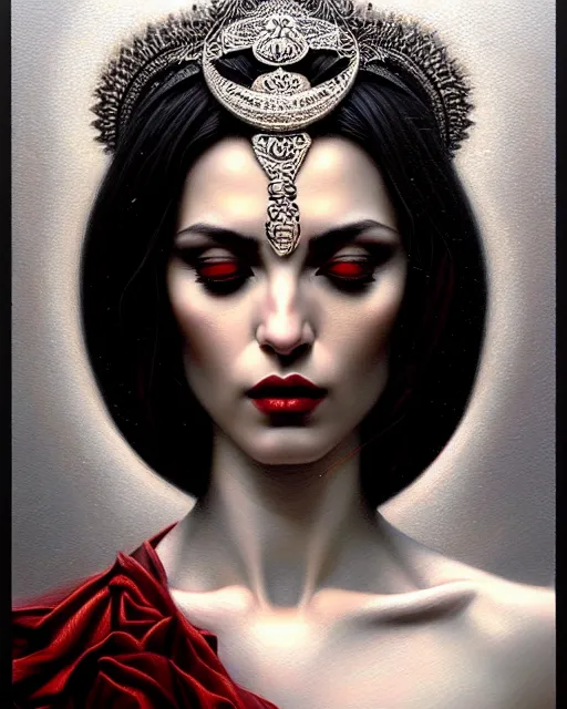 Prompt: portrait of a goddess, great enigmatic beauty, dominant shades of black, silver, dark red, white, head in focus, beautiful ornamental aesthetics, intricate, elegant, highly detailed, hyperrealistiic painting, artstation, concept art, painterly, sharp focus, illustration, art by karol bak