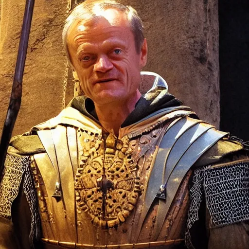 Image similar to donald tusk in medieval times look like merlin high details cinematic mood shooting lighting from wand