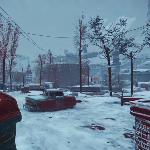 Image similar to Moscow Red Square post-nuclear war in the snow in Fallout 4, in game screenshot