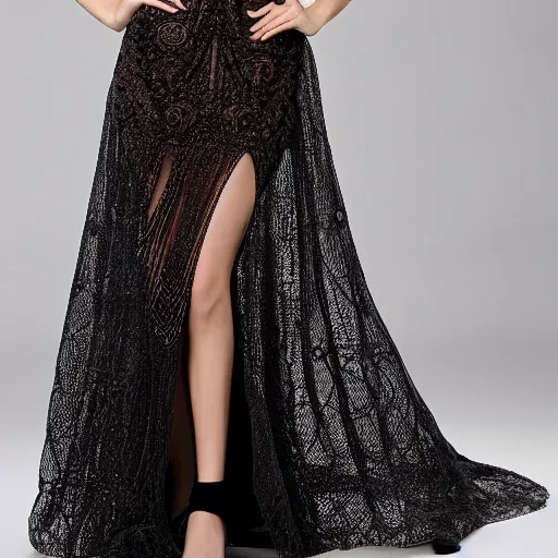Prompt: fantastically beautiful long knitted large knitted evening dress. light colors. on top of the intricate black ornament openwork. and colored beads. asymmetrical. detailed. a masterpiece.