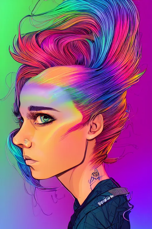 Image similar to a award winning half body portrait of a beautiful woman with stunning eyes in a printed croptop and cargo pants with rainbow colored ombre hairstyle head in motion and hair flying by josan gonzales, outrun, vaporware, shaded flat illustration, digital art, trending on artstation, highly detailed, fine detail, intricate