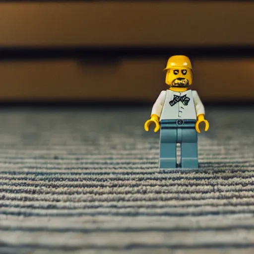 Image similar to macro photography of a minifigure of walter white walking on the carpet, 3 5 mm