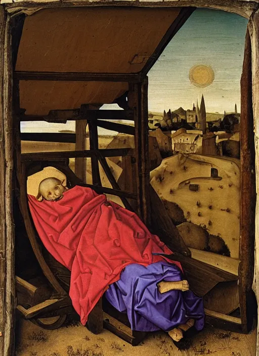 Image similar to Unconscious 10 years old boy dressed in some rags curled up into a ball, he clung to the side of the wagon, medieval painting by Jan van Eyck, Florence