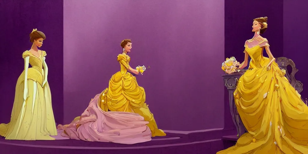 Image similar to portrait of princess sophia is dressed in purple, and the other girl is dressed in yellow. they are all beautiful, elegant and detailed. there are beautiful vases beside them, by greg rutkowski, by greg tocchini, by james gilleard, by joe gb fenton, by in kaethe butche