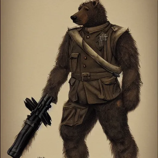 Image similar to concept art of a high fantasy ww1 bear beast-man soldier using a bazooka trending on artstation, detailed high resolution