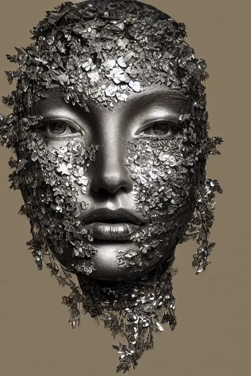 Prompt: hyperrealism close - up mythological portrait of an exquisite medieval woman's shattered face partially made of silver flowers in style of classicism, bronze skin, wearing black dress, dark palette