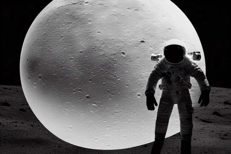 Prompt: still photo of astronaut in a space suit walking on the surface of moon, black and white color aesthetics, highly detailed, photorealistic portrait, bright studio setting, studio lighting, crisp quality and light reflections, unreal engine 5 quality render