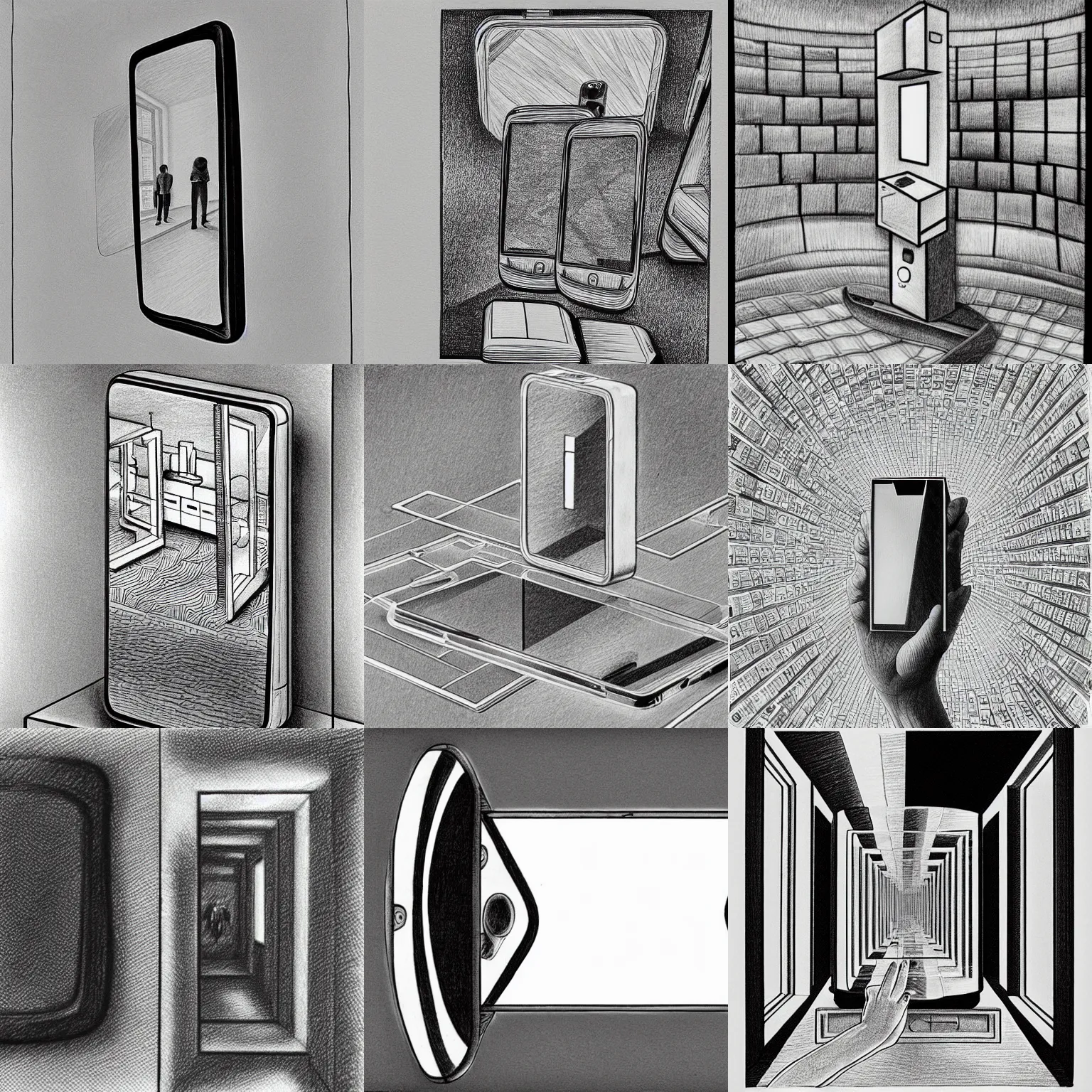 Prompt: pencil drawing of a smart phone inside of a mirror, the phone screen contains infinite phones, infinite recursion, pencil art, in the style of m. c. escher, clean, detailed