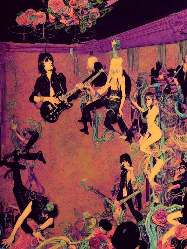 Image similar to the velvet underground and nico playing live on stage at a night club, beautiful stage decoration with flowers in the background, painting by james jean and syd mead and gaston bussiere, very detailed and colorful and toned down and ornamental and moody and cool and relaxed and high on drugs, trending on artstation, behance contest winner