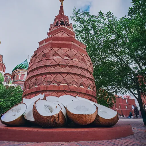 Image similar to symmetrical photo of giant coconut sculpture on red square, super wide shot, bokeh