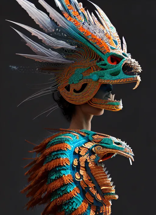 Prompt: 3 d mexican goddess profile portrait. beautiful intricate highly detailed quetzalcoatl helmet and feathers. low - key lighting, bioluminescent, plasma, lava, ice, water, wind, creature, thunderstorm! artwork by tooth wu and wlop and beeple and greg rutkowski, 8 k trending on artstation,